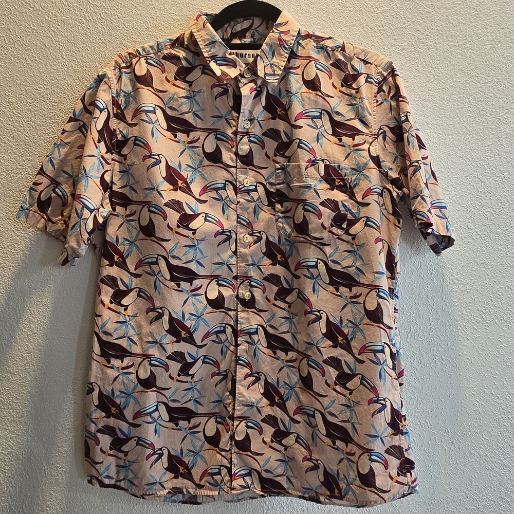 Thorsun Toucan Shirt Mens Large Short Sleeve‎ Tropical Button Down Cotton Resort